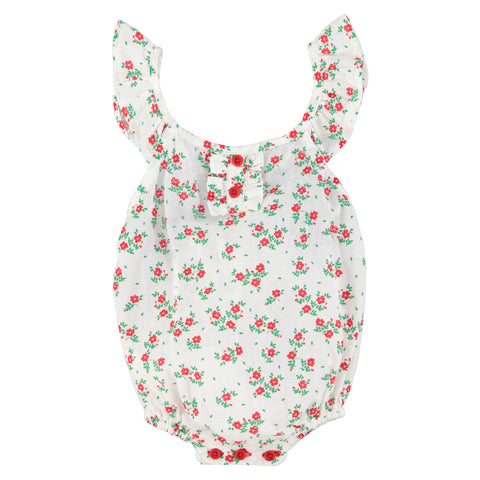 Piupiuchick Baby Romper W/ Fringe Straps Ecru W/ Red Flowers Allover