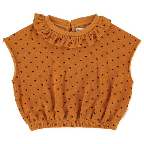 Piupiuchick Sleeveless Top W/Collar Camel W/ Black Hearts Allover