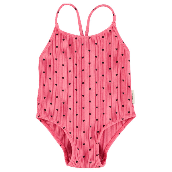 Piupiuchick Swimsuit W/ Crossed Straps Pink W/ Black Hearts Allover