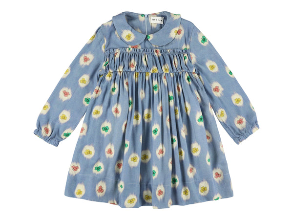 Morley Verbena Dress With Round Collar And Ruffles On Chest Bleu