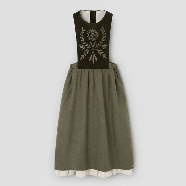 Popelin midi dress moss green with embroidered bib || 102.1