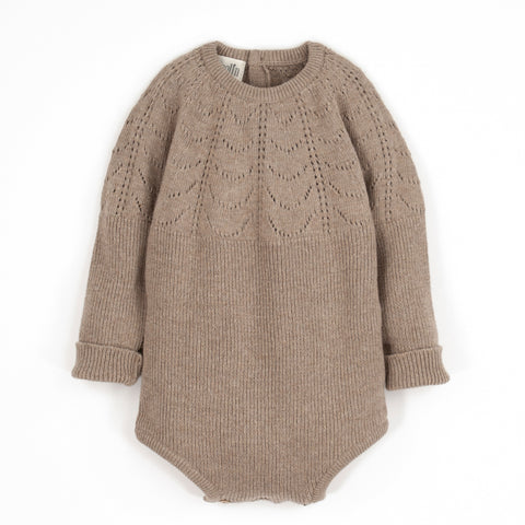 Popelin Camel Openwork Knit Romper Suit