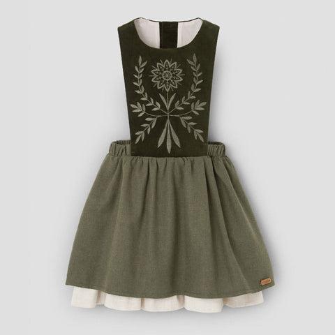 Popelin midi dress moss green with embroidered bib || 101.1