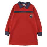 Loud Apparel Polo Dress  Straight Loose Fit, Mountain Motif Emroidery Patch, Contrast Ribbing  Red Washed