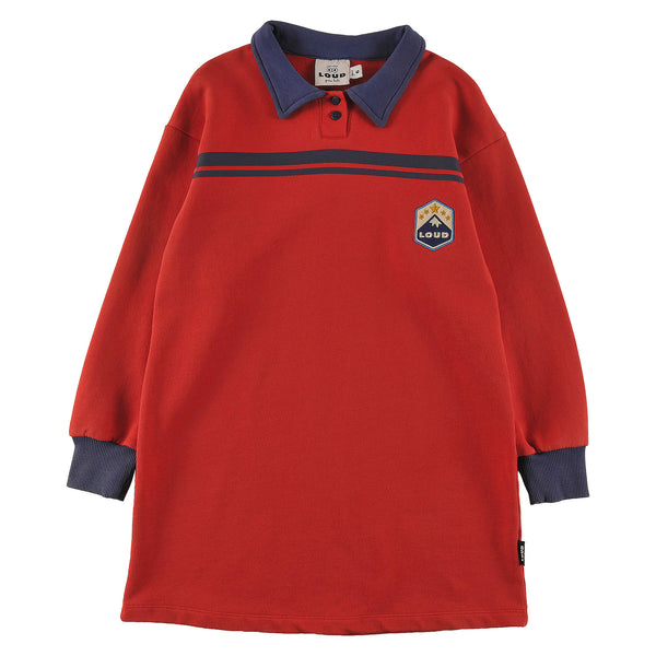 Loud Apparel Polo Dress  Straight Loose Fit, Mountain Motif Emroidery Patch, Contrast Ribbing  Red Washed