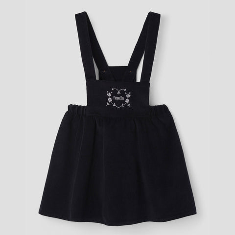 Popelin short dress black corduroy with embroidered bib