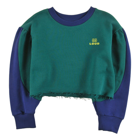 Loud Apparel Sweater Crop Loose Fit, Sleeve Colour Block, Loud Eyes Logo Print Contrast Green, Navy