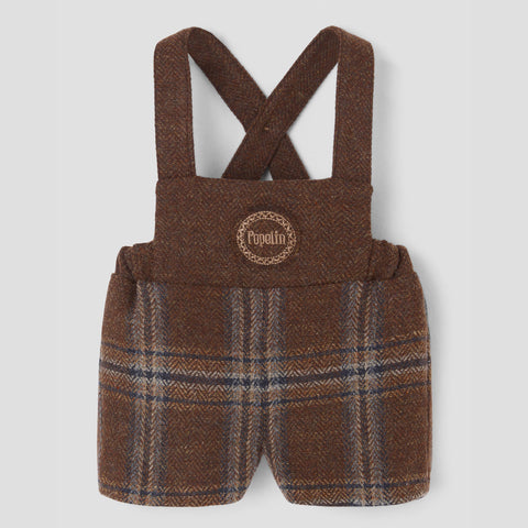 Popelin short romper brown plaid woollen with embroidery appliqué