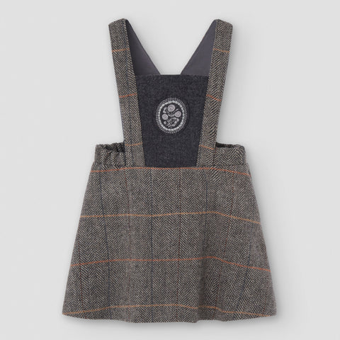 Popelin short dress grey herringbone woollen with embroidered bib yoke