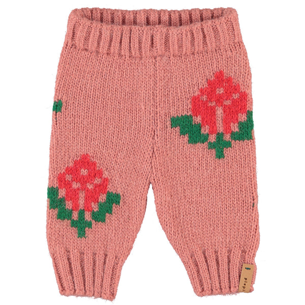 Piupiuchick Knitted Baby Leggings | Old Pink W/ Flowers