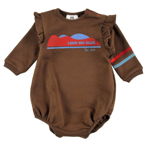 Loud Apparel Baby Girl  Romper Relaxed Fit, Ruffle Shoulder, Mountain Print, 2 Tone Stripe Cott. Tape Fondue Fudge
