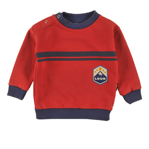 Loud Apparel Baby Sweater Relaxed Fit Drop Shoulder, Mountain Embroidery Patch, Contrast Ribbing Red Check