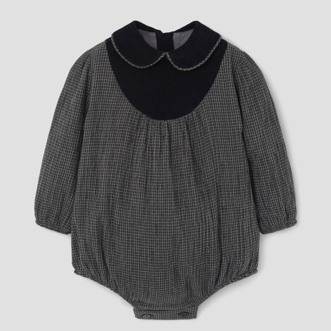 Popelin romper black gingham with baby collar and yoke