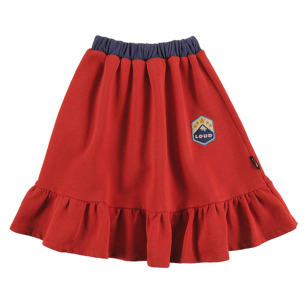 Loud Apparel Skirt Midi, Below Knee Length, Mountain Embroidery Patch, Contrast Ribbing Red Washed