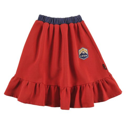 Loud Apparel Skirt Midi, Below Knee Length, Mountain Embroidery Patch, Contrast Ribbing Red Washed