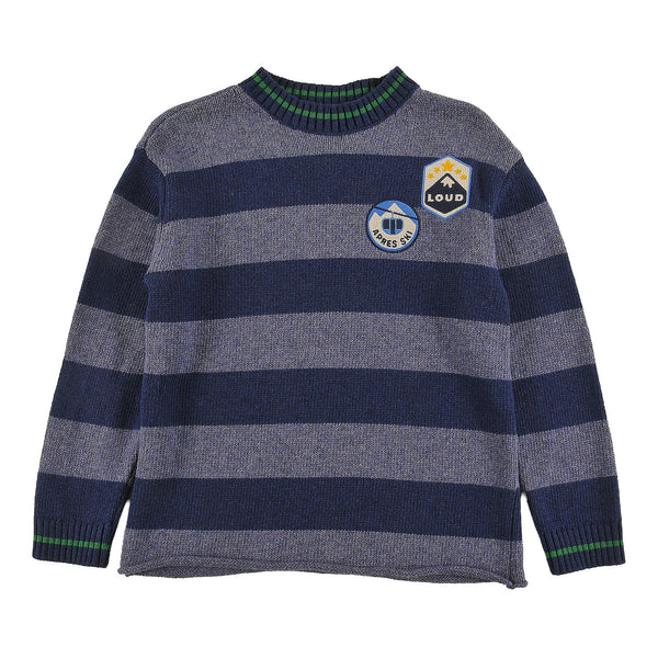 Loud Apparel Sweater Relaxed Fit, Circle Embroidery Motifs Patches Navy Stripe