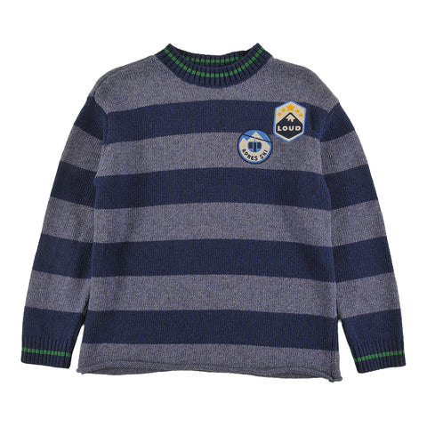 Loud Apparel Sweater Relaxed Fit, Circle Embroidery Motifs Patches Navy Stripe