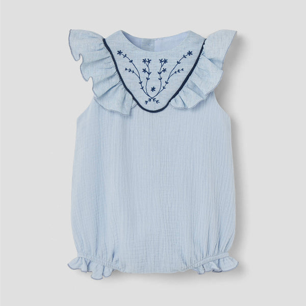 Popelin Blue Romper Suit With Embroidered Yoke ||1.3