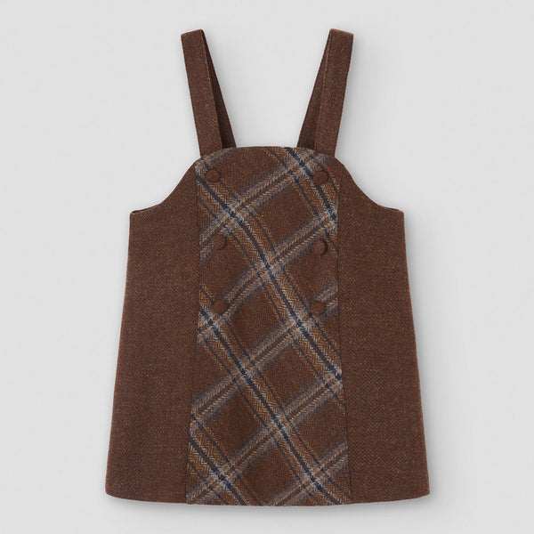 Popelin short dress brown wool with contrasting bib || 45.1