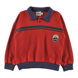 Loud Apparel Polo Sweater Relaxed Fit Drop Shoulder, Mountain Embroidery Patch, Contrast Ribbing Red Washed