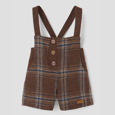 Popelin romper brown plaid woollen with crossover straps and pockets