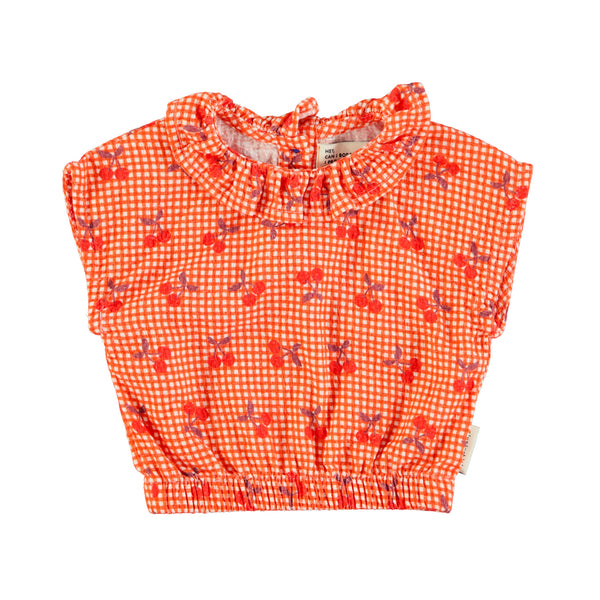 Piupiuchick Sleeveless Blouse W/ Collar | Red & White Checkered W/ Cherries