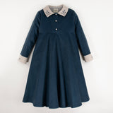 Popelin Blue Velvet Dress With Cape-Style Skirt And Embroidered Collar