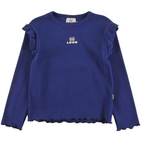 Loud Apparel Girl T-Shirt Slim Fit Ruffle Shoulder Loud Eyes Logo Print Contrast Blue Navy
