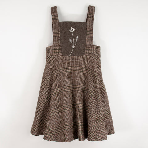 Popelin Brown Plaid Dungaree Dress With Embroidered Yolk