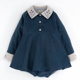 Popelin Blue Velvet Romper Suit With Skirt, Embroidered Collar And Placket