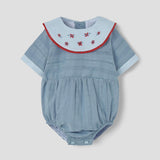 Popelin Blue Romper Suit With Embroidered Bib Collar ||2.3