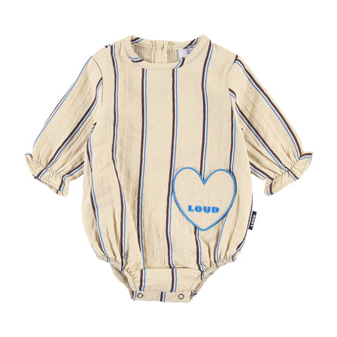 Loud Apparel Baby Girl Romper Relaxed Fit, Heart Front Pocket, Loud Logo Natural, Stripe