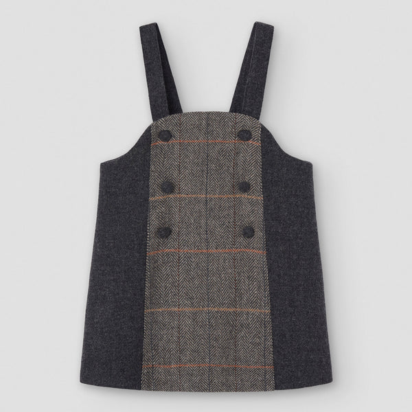 Popelin short dress grey herringbone wool with contrasting bib || 45.2
