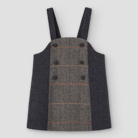 Popelin short dress grey herringbone wool with contrasting bib
