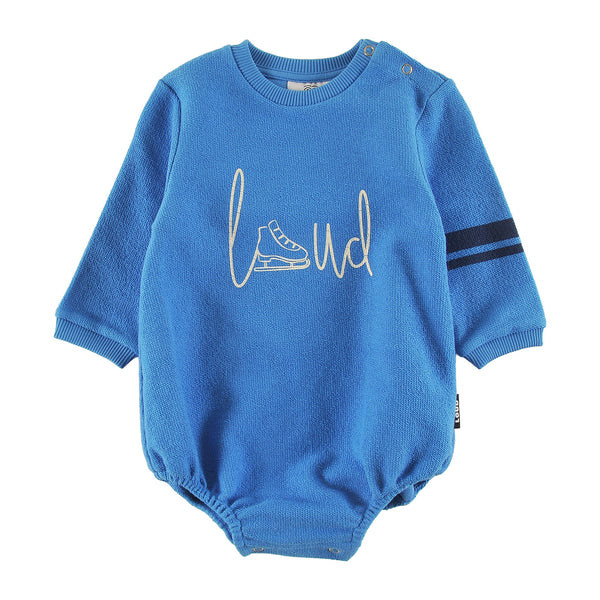 Loud Apparel Baby  Romper Relaxed Fit, Contrast Stripe Sleeve, Loud Skate Print Malibu Blue