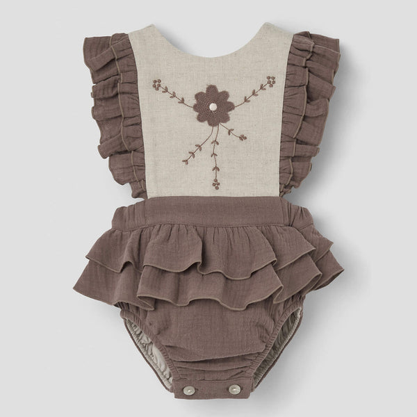 Popelin Brown Romper Suit With Embroidered Bib ||3.4
