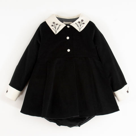 Popelin Black Velvet Romper Suit With Skirt, Embroidered Collar And Placket