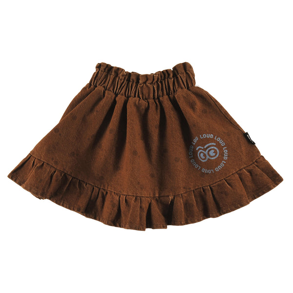 Loud Apparel Mini Skirt Elasticated Waist, Ruffle Bottom, Circle Loud Eyes Logo Print Choco, Polkadot