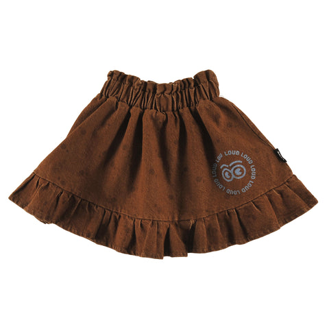 Loud Apparel Mini Skirt Elasticated Waist, Ruffle Bottom, Circle Loud Eyes Logo Print Choco, Polkadot