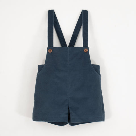 Popelin Blue Velvet Short Romper Suit With Pockets