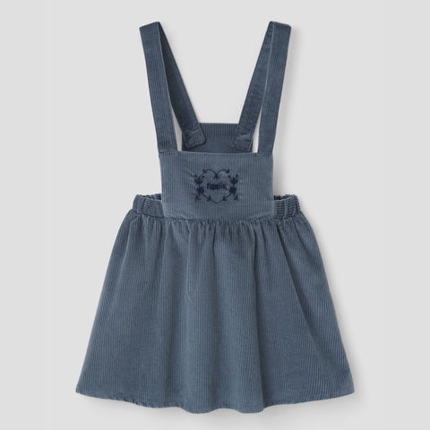 Popelin short dress grey-blue corduroy with embroidered bib