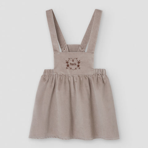 Popelin short dress taupe corduroy with embroidered bib