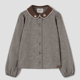 Popelin top brown herringbone with embroidered baby collar || 15.4