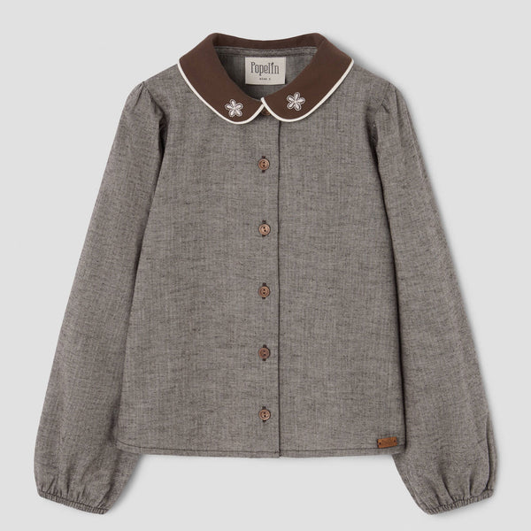 Popelin top brown herringbone with embroidered baby collar || 15.4