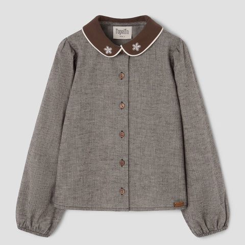 Popelin top brown herringbone with embroidered baby collar