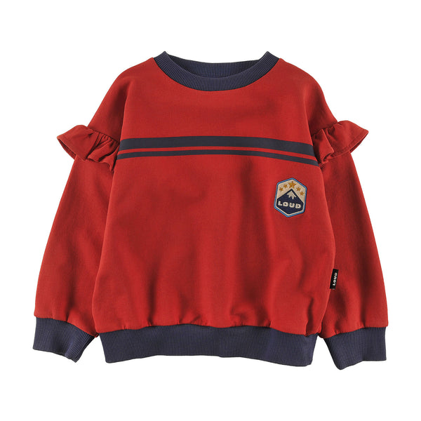 Loud Apparel Sweater Girl Relaxed Fit, Ruffle Shoulder, Mountain Embroidery Patch, Contrast Ribbing Red Washed