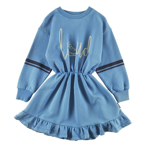 Loud Apparel Dress Elastic Waist, Ruffle Bottom, Contrast Stripe Sleeve, Loud Skate Print Malibu Blue