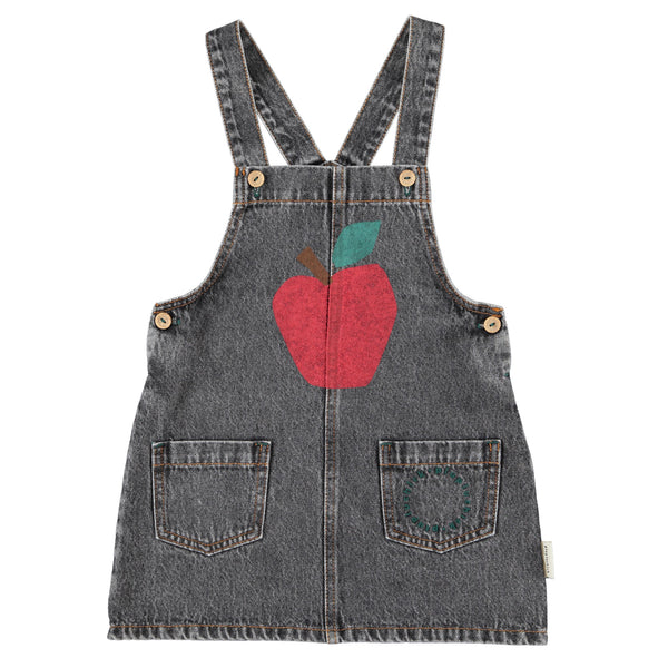Piupiuchick Knee-Lenght Dress W/ Straps | Washed Black Denim W/ Apple Print