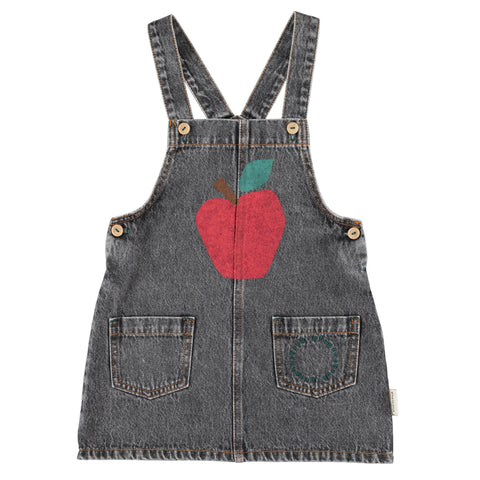 Piupiuchick Knee-Lenght Dress W/ Straps | Washed Black Denim W/ Apple Print