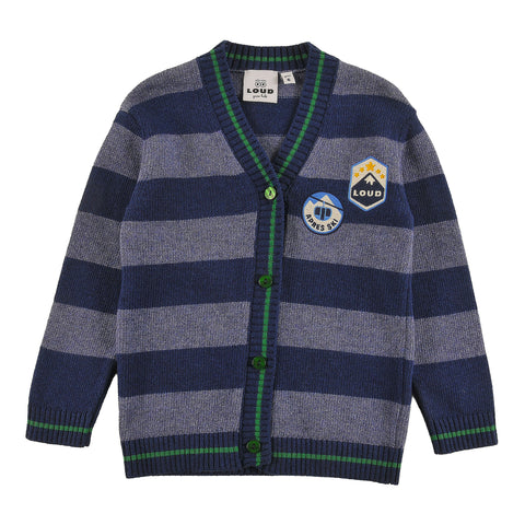 Loud Apparel Cardigan Relaxed Fit, Circle Embroidery Motifs Patches Navy Stripe
